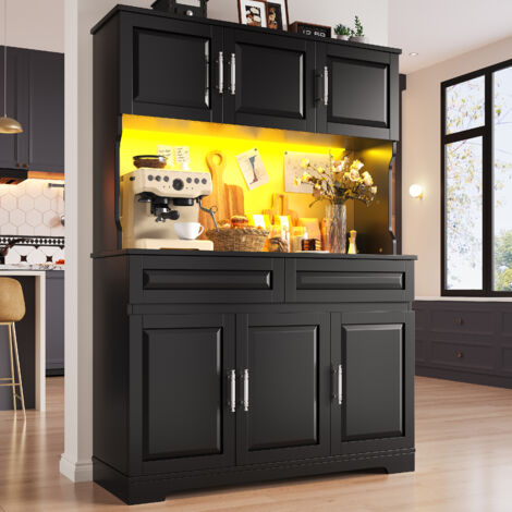 Hochschrank aus MDF in Schwarz 108 x 40 x 180 cm mit Arbeitsfläche, verstellbaren Einlegeböden und App-gesteuerter LED-Beleuchtung