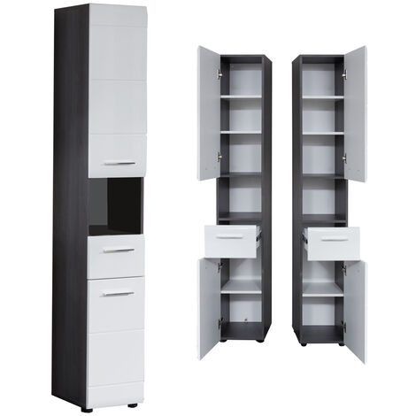 Hochschrank Badezimmer 30 cm breit LISBOA-19 in Weiß Hochglanz mit Sardegna Rauchsilber, B/H/T: ca. 30/182/31 cm