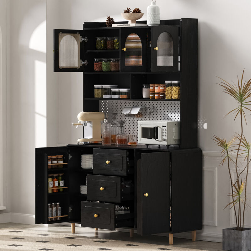 Stilvora Hochschrank Küche Mit 3 Schubladen, Verstellbaren Einlegeböden Und Lochplatte, Aus Mdf, Schwarz