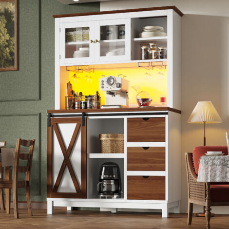 Hochschrank MDF, Metall und Glas in Weiß, 104x40x180 cm, mit LED-Lichtleiste, Schiebetür, Schublade und verstellbaren Einlegeböden