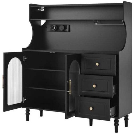 Hochschrank mit Steckdosen und Schubladen, Barschrank mit Weinglashaltern und Stauraum, Küchen-Buffetschrank mit verstellbaren Schichtböden, Ideal für Küche und Esszimmer (Schwarz)