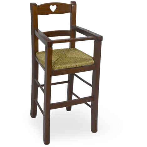 OKAFFAREFATTO Hochstuhl aus dunklem Nussbaumholz mit herzförmiger Rückenlehne aus Stroh