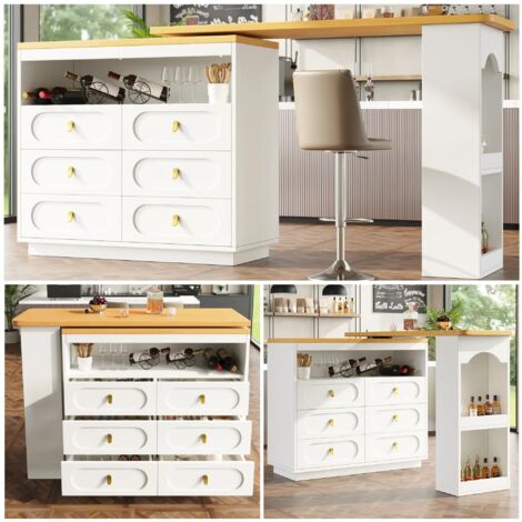 Hochwertiger Ausziehbarer Bartisch mit 360° Drehfunktion und Stauraum, Längenverstellbar von 138-203cm, Moderner Rollbarer Bar Tisch mit Schubladen für Küche, Wohnzimmer, Esszimmer, Homeoffice, Weiß