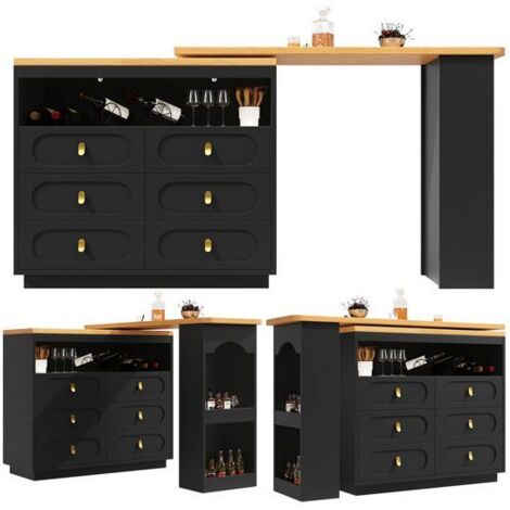 Hochwertiger Ausziehbarer Bartisch mit 360° Drehfunktion und Stauraum, Längenverstellbar von 138-203cm,Moderner Rollbarer Bar Tisch mit Schubladen für Küche, Wohnzimmer, Esszimmer, Homeoffice, Schwarz