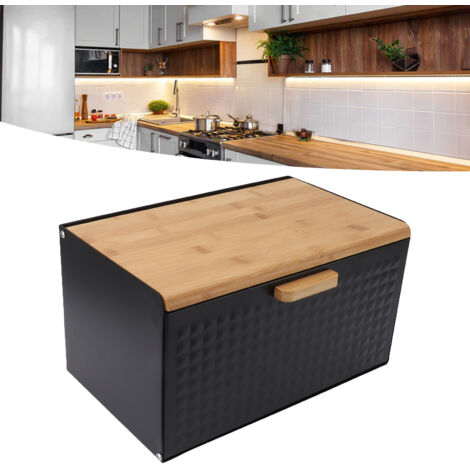Hochwertiger Vintage-Brotkasten aus Holz – Extra großes Fassungsvermögen für die Küche – Deckel aus natürlichem Bambus mit Eisenrahmen – Maße: 35,5 x 21,5 x 20 cm – Schwarz