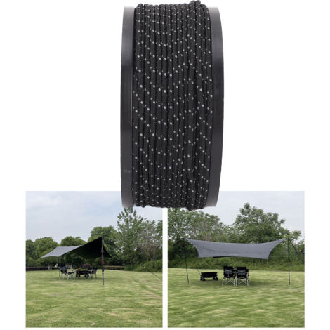 Hochwertiges Paracord-Seil mit reflektierendem Material, 50 m (164 ft), PP, 2,5 mm Durchmesser, dünn, tragbar, winddicht, zum Befestigen von Zelten und beim Camping, schwarz