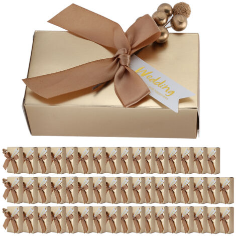 Hochzeitsgeschenkbox aus Papier mit goldener Schleife – 50 beliebte Süßigkeiten als Gastgeschenke