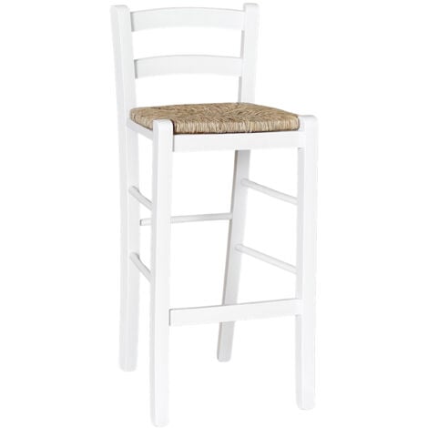 OKAFFAREFATTO Hocker 67 cm hoch aus weißem italienischem Buchenholz mit Sitzfläche aus Stroh