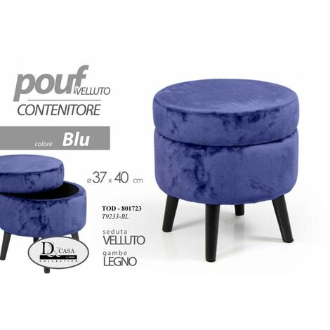 Hocker aus Samtstoff mit blauen Hockerbeinen aus Holz