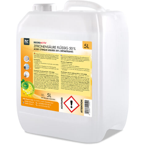 Höfer Chemie Gmbh – Acide citrique liquide 50% 5 L – Détartrant économique pour bouilloires et machines à café – Biodégradable et efficace