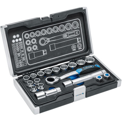 Högert Technik - Box de Werkzeuge, Set de Werkzeuge, Werkzeugkoffer, Set de Steckschlüssel und Zubehör, Mechanismus de Ratsche mit 60 Zähnen - HT1R478, 18-teilig