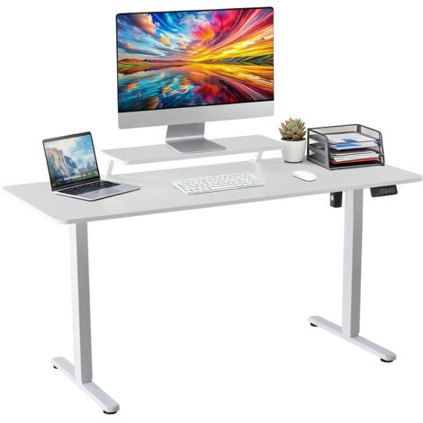 Höhenverstellbarer Schreibtisch 140 x 60 cm, Elektrischer Schreibtische Höhenverstellbar, Gaming Tisch mit Monitorständer, Stehpult Verstellbarer Computertisch, Adjustable Standing Desk, Weiß