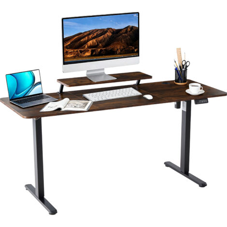 Höhenverstellbarer Schreibtisch 160 x 60 cm, Elektrischer Schreibtische Höhenverstellbar, Gaming Tisch mit Monitorständer, Stehpult Verstellbarer Computertisch, Adjustable Standing Desk, Braun