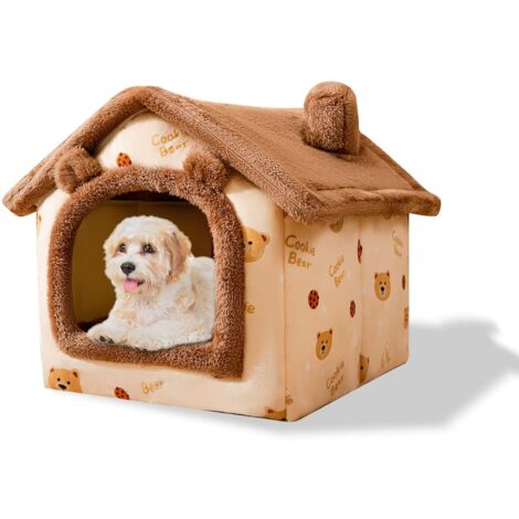 Höhlenbett für Katzen und Hunde, warmes Plüschiglu, faltbares und komfortables Haus, rutschfester Boden (S, Braunbär)