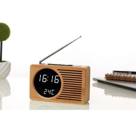 Hölzerner Nachttischradio-Wecker, stummgeschalteter Wecker, kreatives Geschenk, 16,5x4,5x9 cm, Bambus, echtes weißes Licht