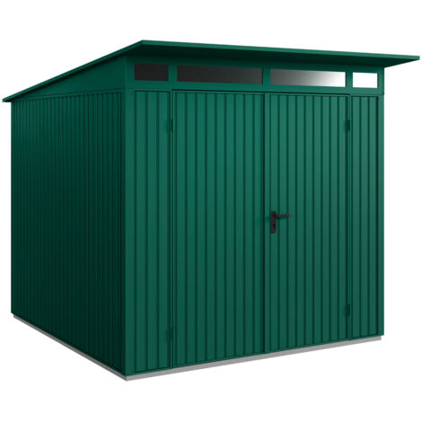 Hörmann Metall-Gerätehaus Berry Classic mit Pultdach Typ 2, 248 x 283 cm, moosgrün, 7 m², 2-flüglige Tür