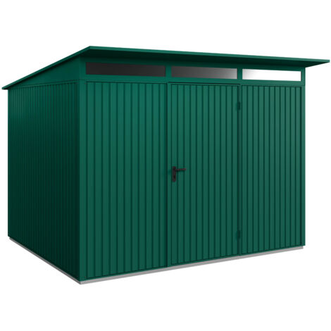 Hörmann Metall-Gerätehaus Berry Classic mit Pultdach Typ 3, 313 x 283 cm, moosgrün, 8,9 m², 1-flüglige Tür