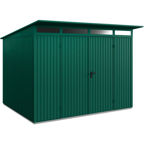 Hörmann Metall-Gerätehaus Berry Classic mit Pultdach Typ 3, 313 x 283 cm, moosgrün, 8,9 m², 2-flüglige Tür
