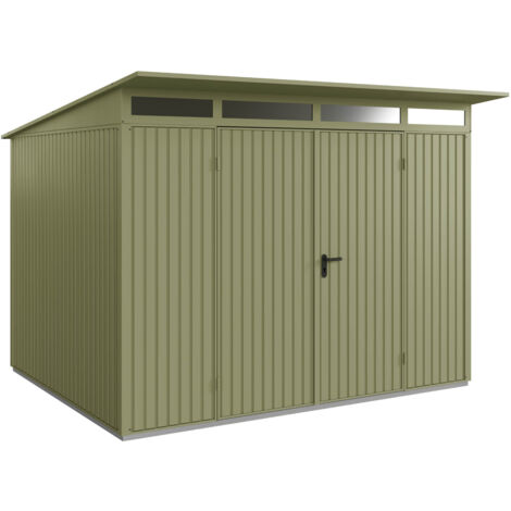 Hörmann Metall-Gerätehaus Berry Classic mit Pultdach Typ 3, 313 x 283 cm, schilfgrün, 8,9 m², 2-flüglige Tür