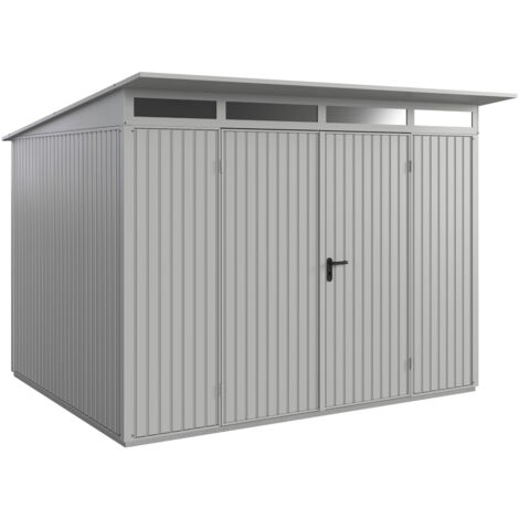 Hörmann Metall-Gerätehaus Berry Classic mit Pultdach Typ 3, 313 x 283 cm, weißaluminium, 8,9 m², 2-flüglige Tür