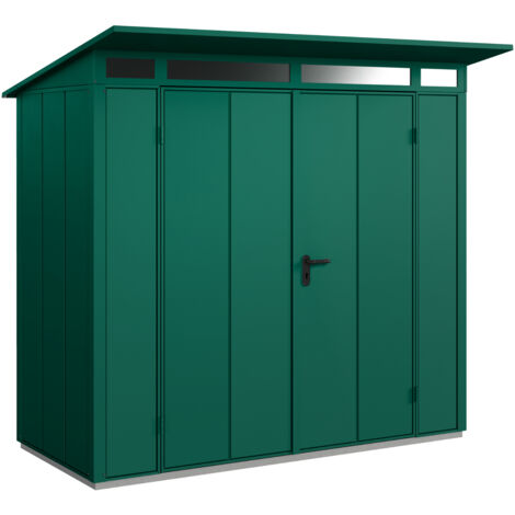 Hörmann Metall-Gerätehaus Berry Modern mit Pultdach Typ 1, 248 x 153 cm, moosgrün, 3,8 m², 2-flüglige Tür