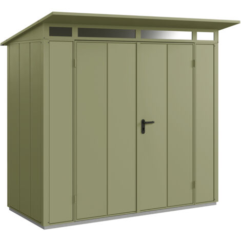 Hörmann Metall-Gerätehaus Berry Modern mit Pultdach Typ 1, 248 x 153 cm, schilfgrün, 3,8 m², 2-flüglige Tür