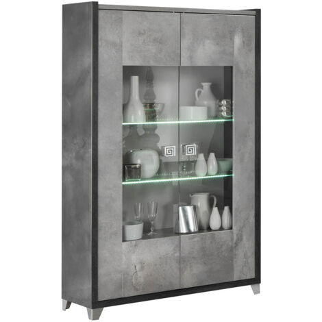 HOFFMAN - Vitrine 2 Portes Gris Aspect Pierre avec Led