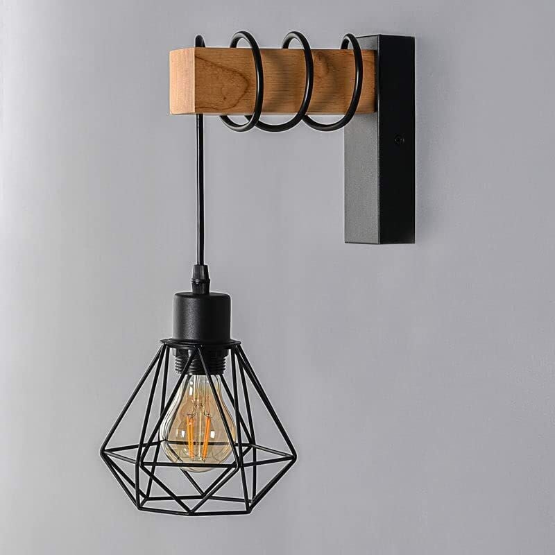 Hofuton 2 Pièces E27 Applique Murale Vintage Industrielle Plafonnier Luminaire Bois Design Rétro Lamp Murale Interieure Noir Diamant Cage en Métal