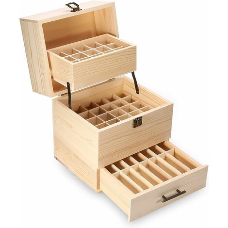 Hofuton 59 Trous Boîte à Huile Essentielle en Bois, Organisateur d’Huile Aromathérapie de Stockage Essentielle, 3 Couches, Poignée en Métal, 19 x 22 x 24,5CM