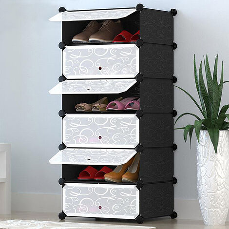 Hofuton 6 Cubes DIY Porte-chaussures en Plastique Multi-usage Étagères a Chaussures Organiseur de Rangement avec Portes Noire et Blanc Imprimée