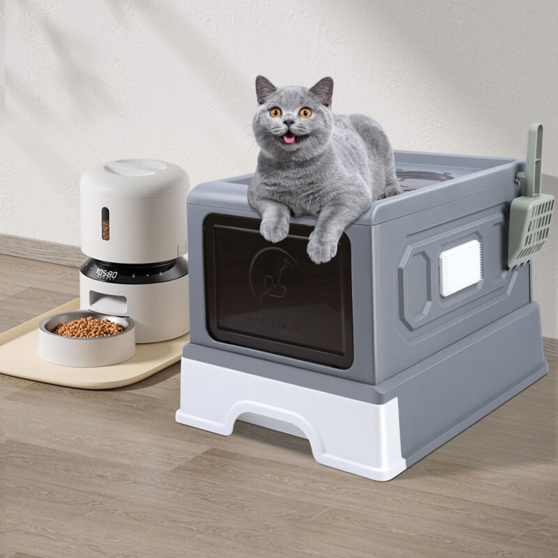 Hofuton Bac à Litière Fermé pour Chat, Maison de Toilette, Plateau Amovible, Pelle, Brosse, pour Grand Chat, Capacité de Charge 15 kg, Anti-Traces,