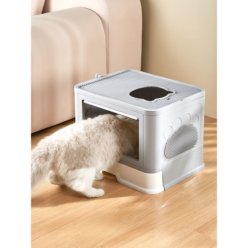 Hofuton Bac à litière pliable pour chat - Très grand espace - Maison de toilette pour chats - gris