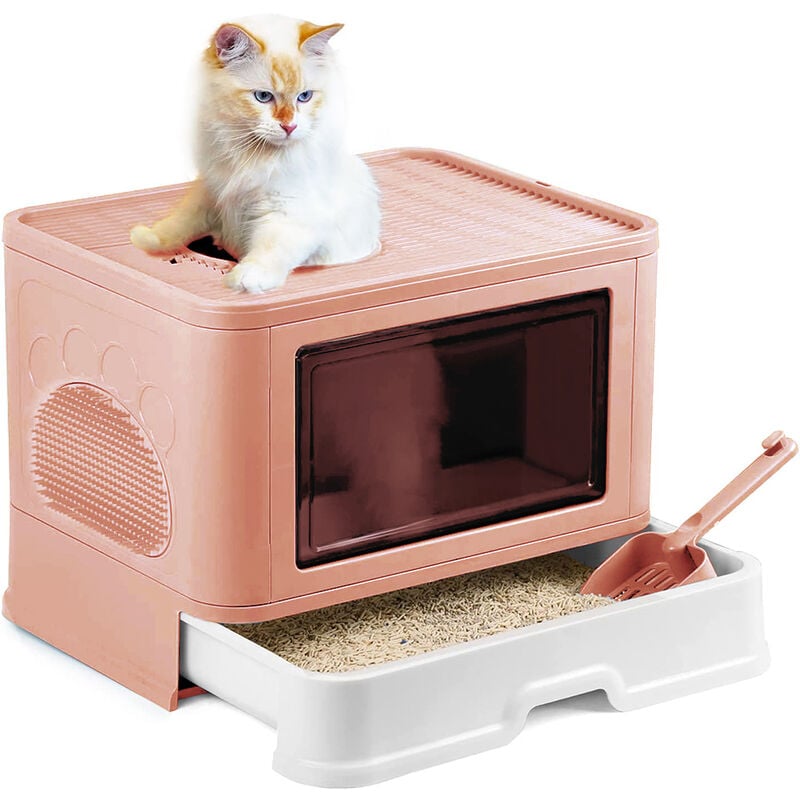 Hofuton Bac à litière pliable pour chat - Très grand espace - Maison de toilette pour chats - Rose