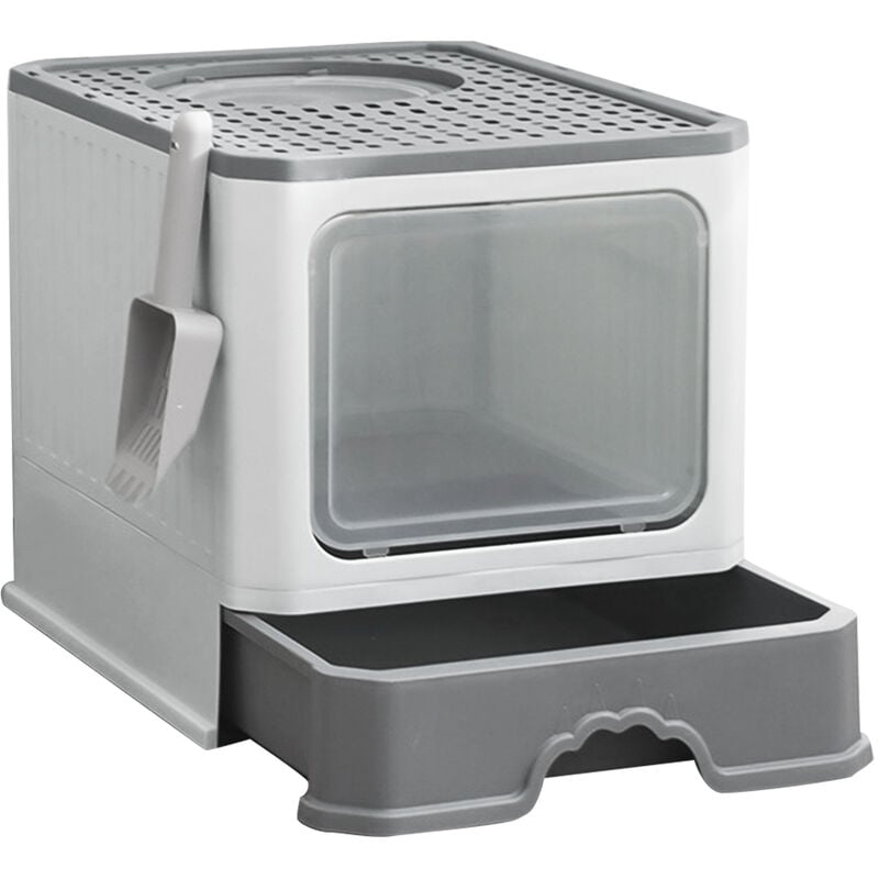 Hofuton Bac à Litière pour Chat Fermée, Grande Maison de Toilette Chat avec Couvercle, Tiroir à Litière avec Pelle, wc pour Chats, Gris