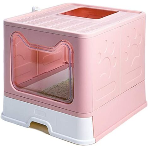 Hofuton Bac à Litière pour Chat, Grande Maison de Toilette Chat Pliable avec Couvercle, Bac de Tiroir et Pelle à Litière, Portable, 51 x 41 x 38 cm, Rose