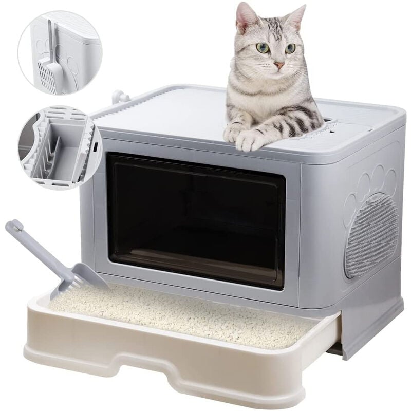 Hofuton Bac à Litière pour Chat: Maison de Toilette Chat XXL Grande Caisse Chats Litiere Fermée Facile à Nettoyer avec Pelle et Brosse pour Massage,