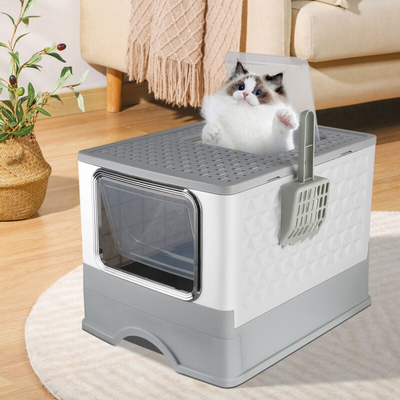 Hofuton Bac à Litière pour Chat Maison de Toilette Fermé Pliable Double Porte + Pelle + Tiroir, Nettoyage Facile, Gris