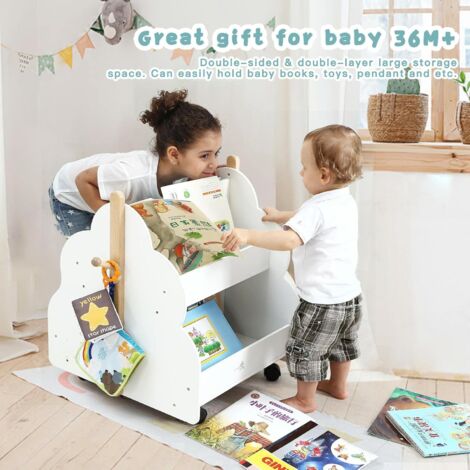 Hofuton Bibliothèque pour Enfants en Forme d'Arbre Adorable avec 4 Compartiments, Roues Universelles, Etagère de Rangement à 2 Niveaux avec Coins Arrondis, Blanc