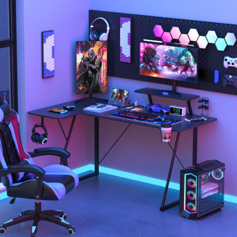 Hofuton Bureau Gaming en Forme de L, Table d'ordinateur Ergonomique, Table Informatique avec Port de Charge USB et Prise de Courant, pour Jouer, Travailler, Noir