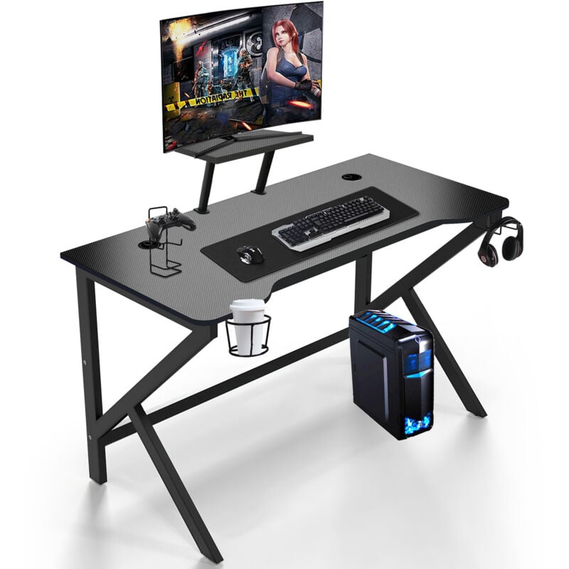 Wyctin - Hofuton Bureau Gaming Ergonomique,Table d'ordinateur, Grand Bureau de Jeu avec Panier à Boissons et Crochet Pour Casque, Adapté au Bureau