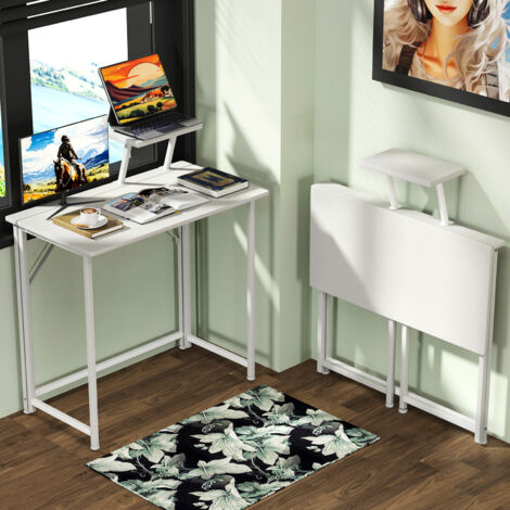 Hofuton Bureau Pliant pour Petits Espaces Table d'Ordinateur avec Support de Moniteur pour Bureau Domicile Poste de Travail Style Industriel Pieds en Métal 80x40x74cm Blanc