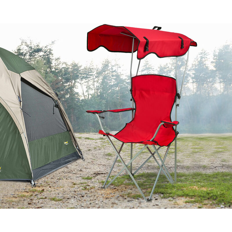 Hofuton Chaise de Camping Pliante avec Accoudoirs, Pare-soleil, Porte-gobelet Charge 120KG Fauteuil de Camping pour Plage Pêche Rouge