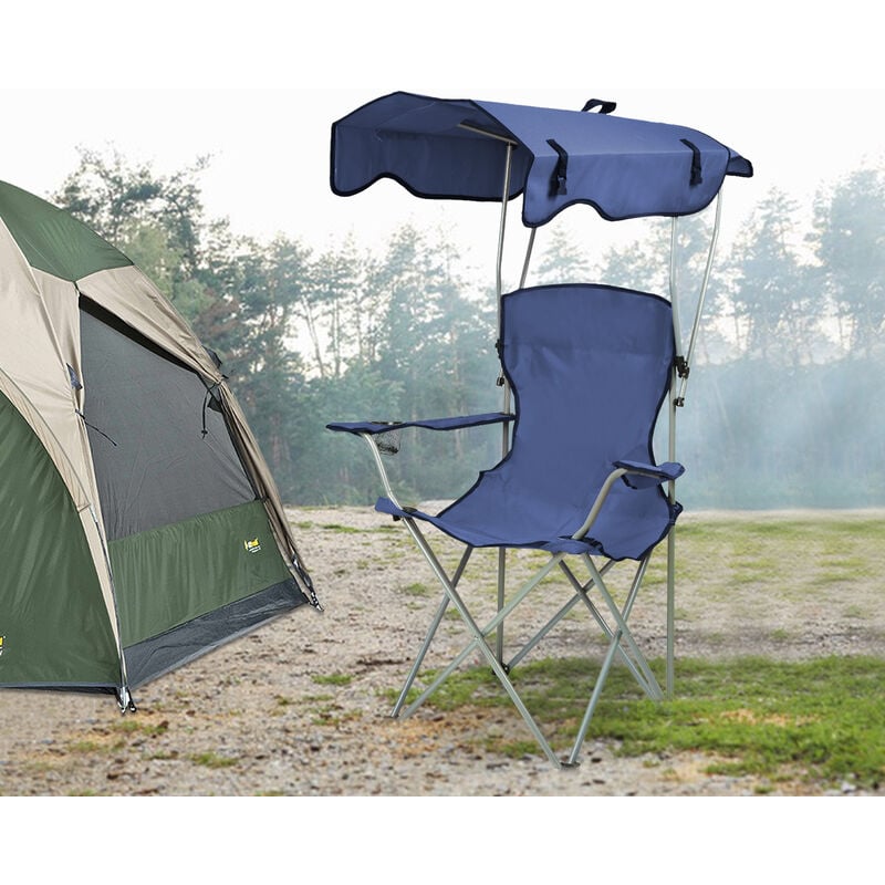 Hofuton Chaise de Camping Pliante avec Accoudoirs, Pare-soleil, Porte-gobelet Charge 120KG Fauteuil de Camping pour Plage Pêche Bleu