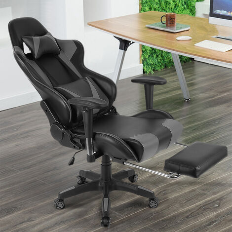 Hofuton Chaise de Gaming Professionnel, Similicuir, Avec Accoudoirs, Réglable en Hauteur, Dossier Inclinable à 150°, Jusqu'à 120Kg, Gris