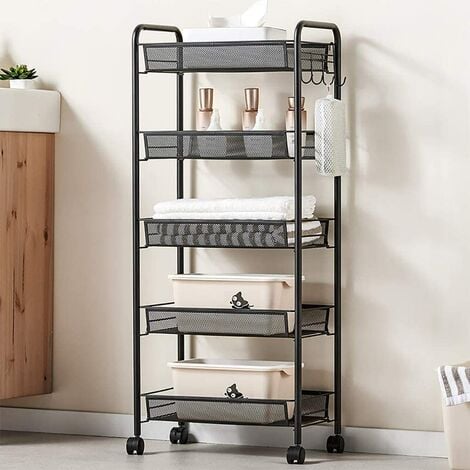 Hofuton Chariot à roulettes en métal avec 5 étagères en fil d'acier et roulettes coulissantes, chariot de rangement coulissant en maille pour la maison, la cuisine, la salle de bain, noir