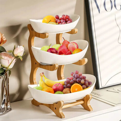 Hofuton Corbeille a Fruit 3 Etages en PP, Stable et Non Tremblante, Panier de Legumes avec Support en Bois Résistant, pour la décoration de cuisine, Blanc