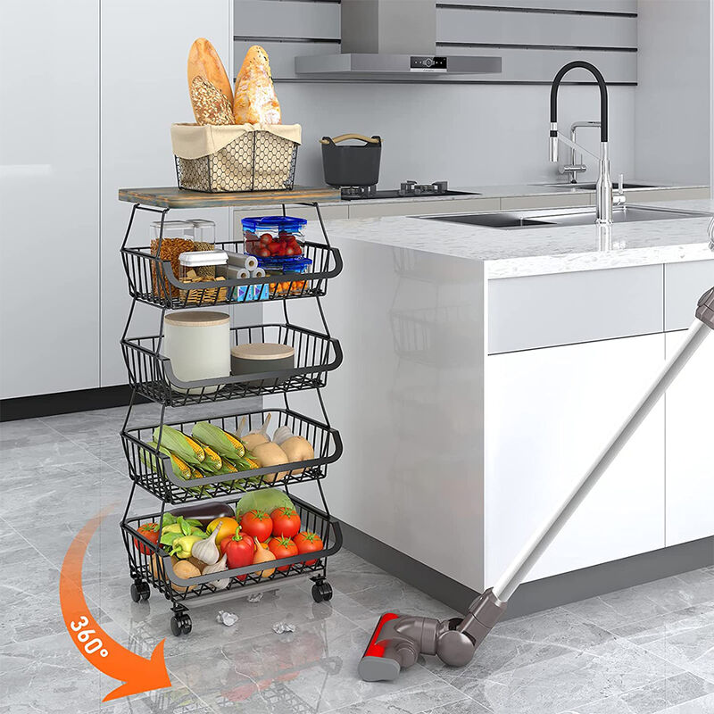 Hofuton Corbeille à fruits 5 niveaux - desserte de cuisine à roulettes - paniers empilables amovibles - acier - noir