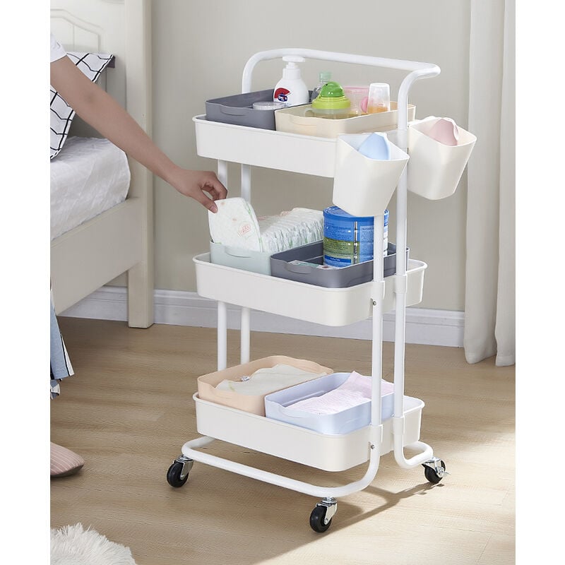 Wyctin - Hofuton Desserte Cuisine de Rangement 3 Paniers à Roulettes avec Accoudoirs Chariot de Stockage 43 36 86 cm Blanc