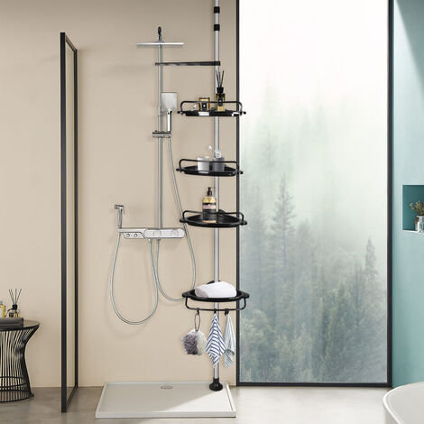 Hofuton Étagère de Douche pour Salle de Bain avec Tubes Télescopiques et 4 Tablettes 105-310 cm Noir