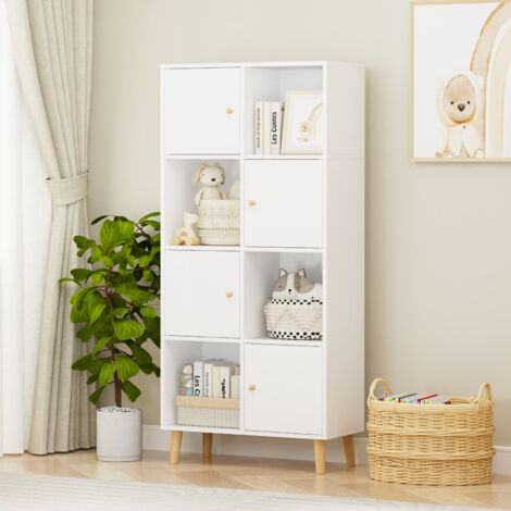Hofuton Étagère de Rangement, Bibliothèque avec 8 Cubes Moderne en Bois Inclus 4 Portes et 4 Ouvertes, pour Salon ou Bureau, 65 D x 30 W x 140 H cm, Blanc